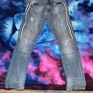 Men's Distressed Blue Jeans with White Accents
